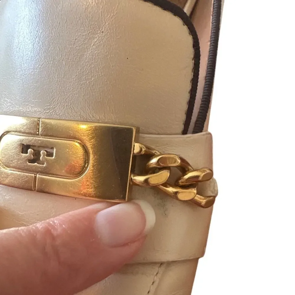 Tory Burch Perrine Heeled Loafers‎ Cream Chain Block Heel 7.5